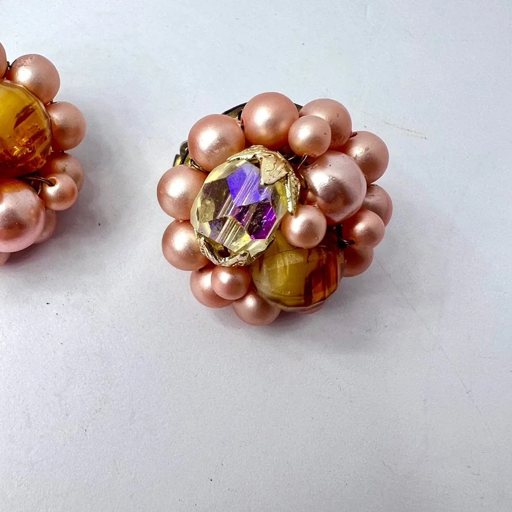 Vintage Japan Pink Faux Pearl Beaded Clip On Earrings Mid Century Classic Preppy
